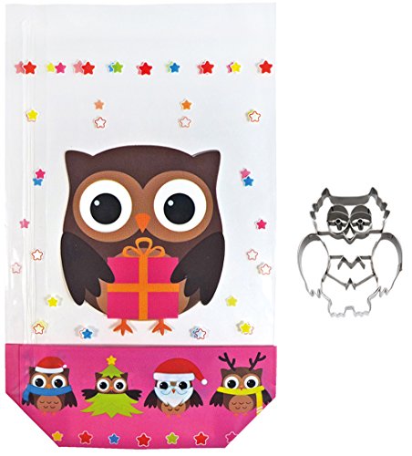 2er-Set Weihnachten Backen "Weihnachtseule": 1 Packung Geschenkbeutel "Weihnachtseule" 10 Klarsichtbeutel mit Clips & 1 Stück Ausstechform Eule - Weihnachten