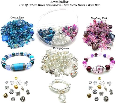 Jeweltailor 3 Packs of Deluxe Mixed Glass Beads (Approx 1200+) Pearly Queen, Ocean Blue &amp; Blushing Pink + 3 Packs of Metal Beads + FREE No Spill Bead Box ~ A Perfect Starter Mix For Jewellery Making