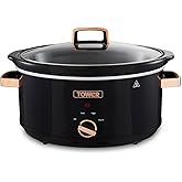 Tower T16019RG Infinity Slow Cooker with 3 Heat Settings & Keep Warm Function, 6.5L, 270W, Black and Rose Gold
