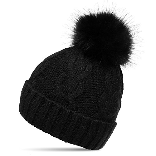 Caspar MU175 Bonnet en Tricot doublé pour Femme - Bonnet avec Torsades et Gros Pompon en Fausse Fourrure, Couleur:Noir, Taille:Taille Unique