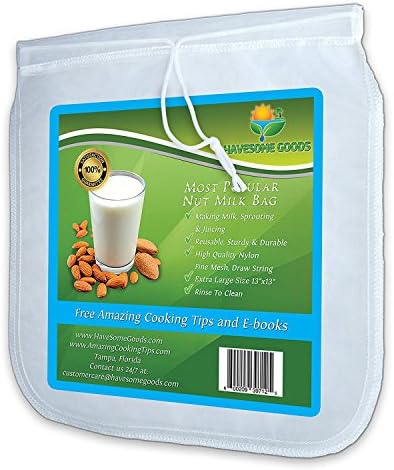 HaveSome Goods Nut Milk Bag Extra Large - Reusable 13"x13" Filter Strainer For Almond Milk, Juice, Cold Brew Coffee. Bonus Tips and Recipes.