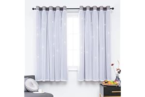 QINUO HOME Girls & Boys Room Decoration - Eyelet Cut Out Star Pattern Double Layers Kids Curtains with Voile for Nursery Bedroom/Living Room, 2 Panels Set, 46 x 54 Inch, Silver