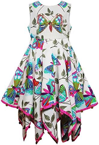 Ozmoint Girls Domino Butterfly Sleeveless Lined Summer Assymetric Cotton Dress with Sequin Trim (Size 3-11 Years)