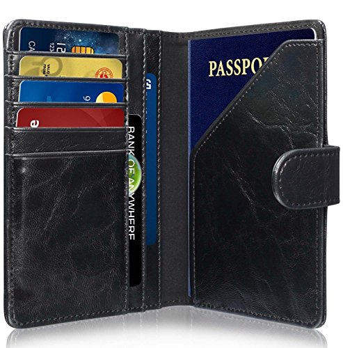 Preisvergleich Produktbild GreatShield RFID Blocker Reise Pass / Kreditkarten / Visitenkarten Halter / Hülle / Etui / Brieftasche / Kartenbörse / Wallet / Card Holder / Case[8 Karten] Passport / EC / Bank-Karte NFC Schutz -Damen / Herren -Schwarz