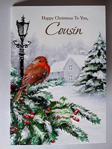 Cousin Happy Christmas Robin Tree Snow Cottage &amp; Lamp Design Christmas Card