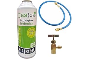 REPORSHOP - 1 Botella Gas Gasica D2 226g + Valvula + Manguera Alternativo R12, R134A Freeze