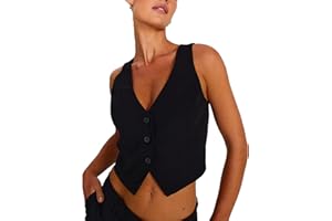 XIXIMAON Women Vintage Single Breasted Waistcoat V Neck Solid Color Sleeveless Open Front Button Cropped Slim Vest Blazer Streetwear