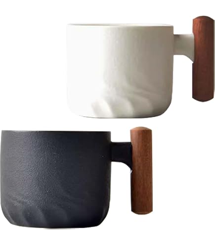 Lot 4 Mini Tasses Expresso 60ml Céramique + Anse Bois - Noir/Blanc/Bleu/Vert - Idéal Café & Moka