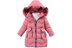 linboo Mädchen Winterjacke Kinder Wintermantel Dicke Steppjacke Lange Warme Parka Baumwolljacke Outdoor Mantel mit Fellkapuze und Love Stickdruck