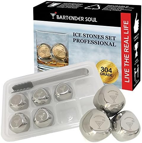 Whiskey Stones Ice Cubes by BARTENDER SOUL (8pcs) with Tongs and Freezer Tray - Non Intrusive High Quality Stainless Steel Reusable Rocks for Liquors, White Wine, Beer, Cocktails, Mineral Water