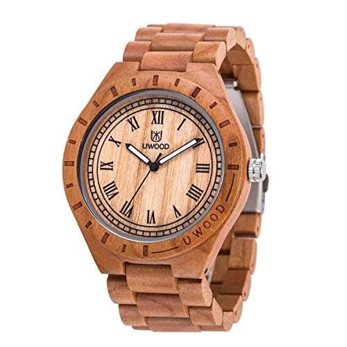 Reloj de pulsera de madera para hombres, MUJUZE Reloj de pulsera de madera analógico ligero hecho a mano natural de gran tamaño 47.5mm (Cherry)