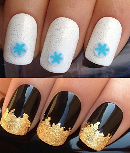 CHRISTMAS DECALS FIMO NAIL ART SET #856. x45 FIMO STICK SLICES & A LARGE PLUS GOLD LEAF SHEET! FUN & FUNKY KAWAII ICEY BLUE SNOW SNOWFLAKES 3D NAIL ART FIMO STICK SLICES SHAPES DIE CUT CONFETTI DECORATIONS ALLOYS & 24KT GOLD LEAF! ALL CAN BE USED WITH NATURAL GEL ACRYLIC STICK ON NAILS!