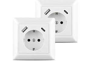 2 X USB Enchufe, Kaifire Schuko Enchufe de pared con USB y Tipo C 3.4A Toma de Corriente pared Empotrado para Smartphone Tablet MP3