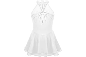 Freebily Vestido de Danza Patinaje Sobre Hielo para Niña Cuello Hálter con Pedrería Brillante Maillot con Falda Tul Ballet Gimnasia Vestido de Bailarina
