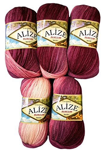 5 x 100 Gramm Alize Burcum Batik Wolle beere rosa lila mit Farbverlauf, Nr. 1895, 500 Gramm Strickwolle