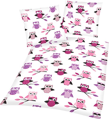 Aminata Kids - Bettwäsche 135x200 cm Eulen Mädchen Frauen Eule lila Baumwolle rosa rose flieder Eulenmotiv Teenager-Mädchen Eule Pastell-Rosa Pink Bettwäsche-Eule Linon mit Reißverschluss - Einzelbett