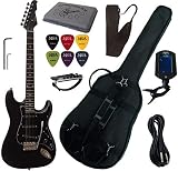 PACK GUITARE Electrique, Accordeur électronique, housse.(5 Accessoires) (Noir mat)