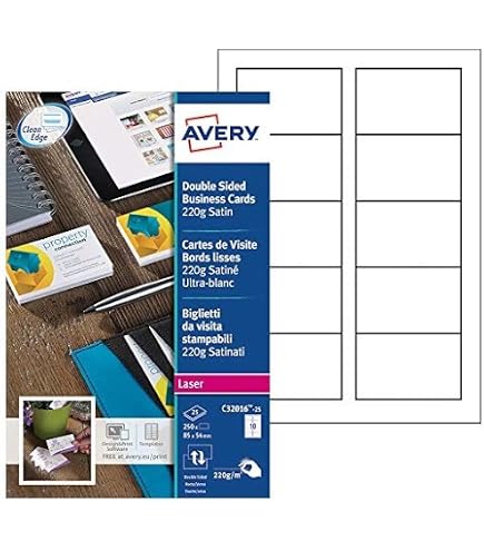 Cartes De Correspondance Avery - 75 Pochettes Imprimables Recto Verso Bords Lisses | Format 210x99mm | Papier Mat 260g/m² | Idéal Pour Professionnels