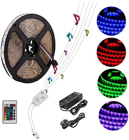 Yasolote Sound Control 5m 16.4ft 300 LED Strip Lights with 12V Low Voltage Transformer UK Plug, RGB Remote Control Tape Light, Waterproof, Dimmable LED Strips, Decorative Lamp for HDTV, Flat Screen TV Accessories and Desktop PC, Home, Party Ornament