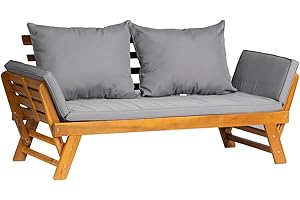 Panana Acacia Wood Convertible Couch Sofa Bed with Adjustable Armrest Folding Daybed Collapsible Chaise Lounge with Cushion Pillow Outdoor Loveseat for Garden Patio Poolside (Grey)