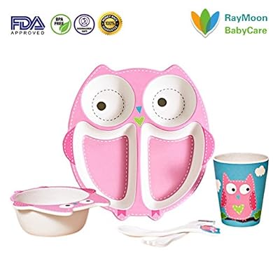 RayMoon Lot de 5 Set de Repas en Bambou Fibre Design Mignon Assiette Tasse Bol Cuillère Fourchette pour Enfant Bébé - Forme Hibou