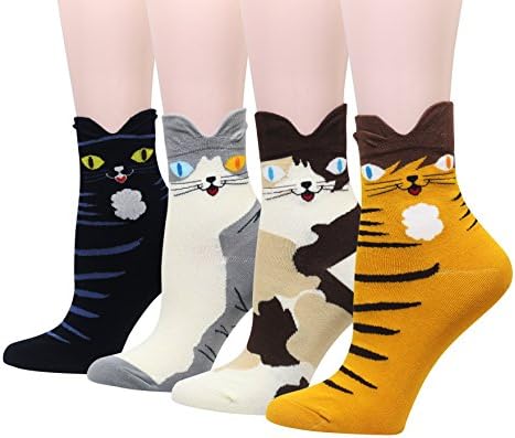CansokWomen Animal Novelty Dress Crew Socks (3D Cat - 4 pairs)
