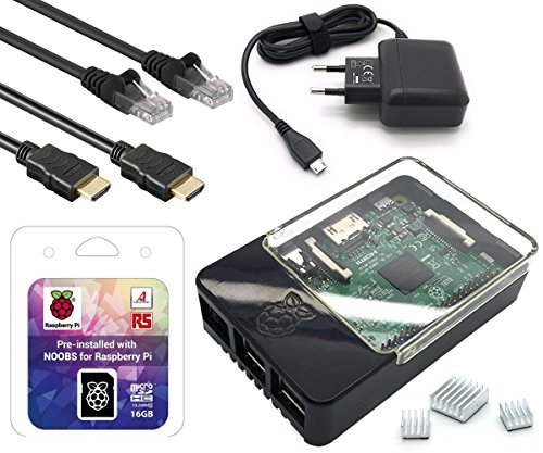 Raspberry Pi 3 Modell B - Full Starterkit - Bestehend aus: Raspberry Pi 3, Micro USB Netzteil 5V / 2,5A, HAT kompatibles Raspberry Pi Gehäuse schwarz/transparent, SanDisk 16GB Class 10 MicroSDHC Speicherkarte bespielt mit dem NOOBS Betriebssystem + Adapter, 2,0m HDMI Kabel und Kühlkörper-Set by avc-shop