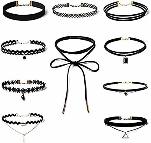 Jinberry Vintage Black Choker Necklace Set of 10, Basic Classic Gothic Retro Tatto Lace Choker for Women and Girls - 10 pcs