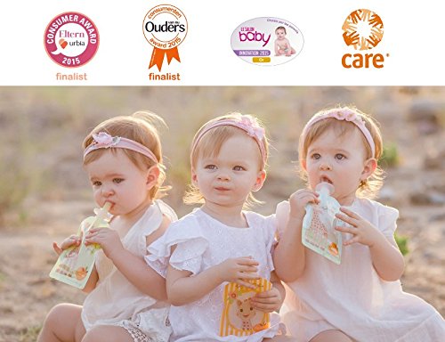 SQUIZ – 3er Pack wiederverwendbare Quetschbeutel 90ml „Sophie la Girafe“ Made in Switzerland, garantiert BPA, PVC und Phthalate-frei - 3