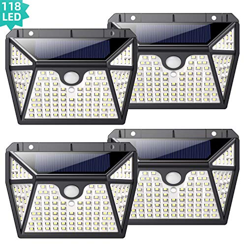 Luz Solar Exterior 118LED, Kilponen Foco Solar Exterior con Sensor de Movimiento Lámpara Solar Impermeable Gran Ángulo 270º de Iluminación Luces Solares Jardín 2200mAh y 3 Modos Inteligentes 4-Paquete