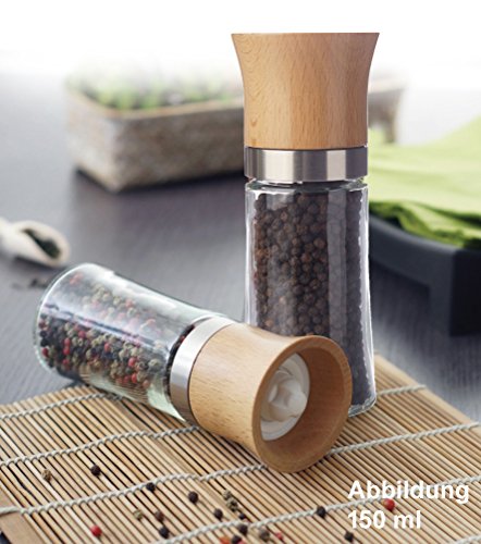Pfeffermühle SET (2 Stück) Salzmühle Gewürzmühle unbefüllt mit Keramik Mahlwerk – 150ml – Höhe 15.5cm – Buchenholz - 2