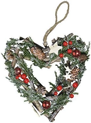 24cm Heart Shaped Wreath. Traditional Nordic Wood Style Frame with Frosted Berries, Cones and Foliage.