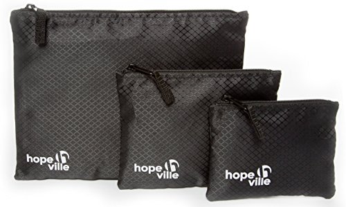 HOPEVILLE Reißverschlusstaschen-Set, 3 verschieden große Reiseorganizer Taschen für Dokumente und Reiseutensilien, Premium Packbeutel-Set für Reise, Freizeit und Ausflug (Schwarz)