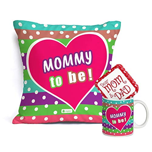Indigifts Mommy to be Colorful Coffee Mug and Cushion Cover 12x12 with Filler - Multicolor - House Warming Gift for Mom Mother to be on Mothers Day Birthday Anniversary Home Decor