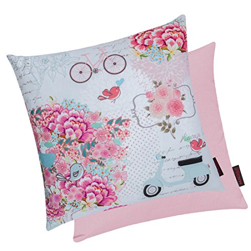 Magma Set Kissenhülle LILLY 50 x 50 cm mit Vintage Rosen Vespa und Vögel Muster und Kissenhülle FINO 40 x 40 cm in Rosa