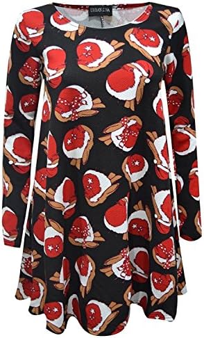 New Ladies Long Sleeves Christmas Black Robin Bird Print Dress Flared Top