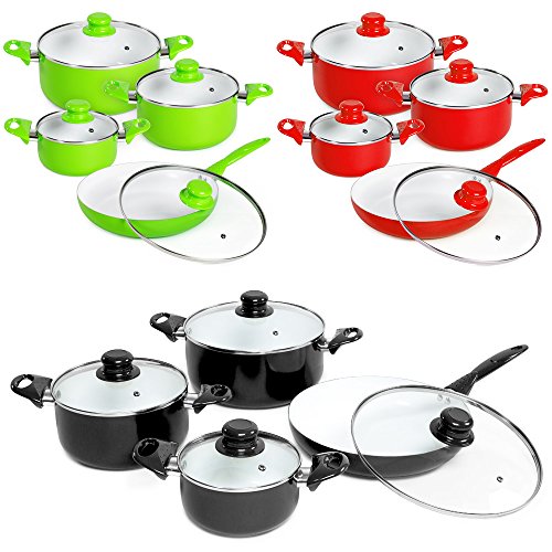 TecTake 8 teiliges Keramik Kochtopf Set mit Glasdeckel -diverse Farben- (Schwarz)