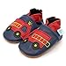 Dotty Fish Soft Leather Baby Shoes with Non Slip Suede Soles. Toddler Shoes. Navy and Red Fire Engine Design for Boys. 18-24 Months