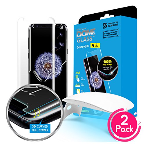 (2 Pack) Dome Glass Galaxy S9+ Plus Screen Protector Tempered Glass Shield, Full Screen Coverage 3D Curved [Liquid Dispersion Tech] Easy Install Tray and UV Light by Whitestone for Samsung Galaxy S9+
