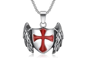 BOBIJOO JEWELRY - Pendant Templar Knight Shield Winged Red Cross 316L Steel Silver Chain