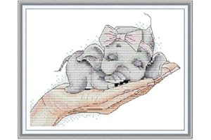 LECZANY Kit da Ricamo 11CT Punto a Croce Timbrato Fai-da-te, Linea Completa di Kit Per Principianti Prestampati - Elefantino super carino 27 x 22 cm