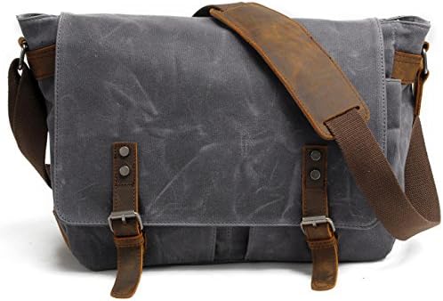 SWYIVY Messenger Satchel Bag for Men and Women,Vintage Canvas Real Crazy-horse Leather 15-inch Laptop Briefcase for Everday Use 13.8"(L)x10.6"(H) x 4.3"(W) (Khaki) (Gray)