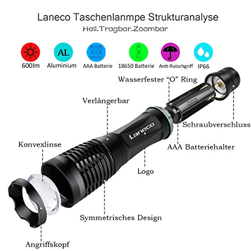 Laneco E6 Wiederaufladbare LED Taschenlampe, Super Hell Taktische Taschenlampe mit 18650 Li-Ionen-Akku und Ladegerät, Tragbare Wasserdichte Taschenlampe mit Einstellbarem Fokus und 5 Lichtmodi für Campen Wandern usw - 2