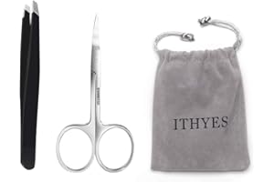 Ithyes Juego completo de 2 pinzas de punta inclinada de acero inoxidable para cejas, tijeras de corte de cejas para forma de precisión, pelo encarnado, nariz, cabello, color negro