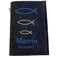 Gotteslob hülle mit Namen aus filz Fisch Blautöne