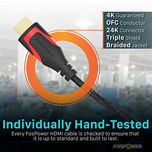 HDMI Kabel 1,8M/6ft, FosPower Nylon Geflochtenes Hochgeschwindigkeits-HDMI-Kabel [UHD 4K | 3D | Ethernet | Audio Rückkehr – Trifft den Neuesten Standard] Vergoldet für HDTV, Blu Ray Player, PC, Spielkonsolen (Schwarz / Rot) - 4