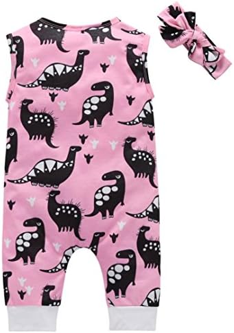 Cyond Rompers Suit for Girls, Newborn Kids Baby Boys Girls Romper Bodysuit Dinosaur Printing Romper Jumpsuit+Headband Outfits Summer Sleeveless Casual Daily Mini Playsuit (Pink, 6-12 Months)