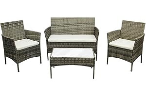 COZYBRITE Rattan Garden Furniture Sofa Set with Coffee Table Chairs 4 Seater for Outdoor Patio Balcony 6210-B (Mixed Grey+Beige Cushions)
