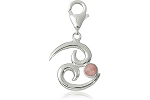 TEMPELWELT Unbekannt Charm Anhänger Sternzeichen Krebs 20mm, 925 Sterling Silber mit kleinem Rosenquarz rosé, Karabiner für Armband Kette