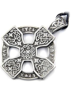 Keltenkreuz Runen Schmuck Amulett Talisman Zinn, Länge mit Hänger:5cm lang, inkl. Textilband Biker Kette Anhänger